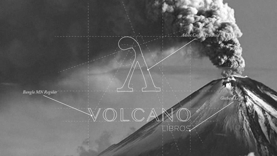 Logotipo de la marca sobre un fondo de volcán.