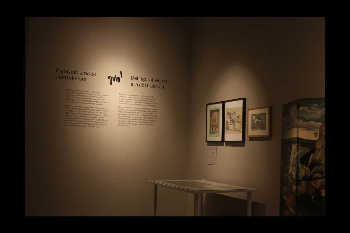 Esquina de una sala de la exposición donde se aprecia un texto explicativo y una vitrina junto a unos cuadros de Nestor Basterretxea.