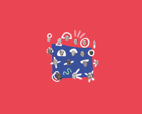 Ilustración de fondo rosa con caras recortadas dentro de un recuadro azul.